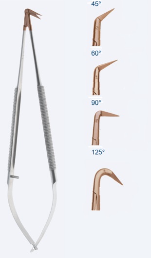 Ножиці, хірургічні, "Short", мікро, з круглою ручкою, довжина лез 10 мм, вигнуті, під кутом 45°, гострокінцеві, загальна довжина 116 мм, 4 1/2"